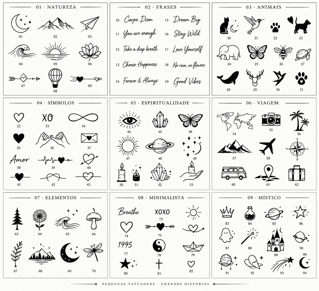 Folha de flashes minimalistas organizados em nove categorias: Natureza, Frases, Animais, Símbolos, Espiritualidade, Viagem, Elementos, Minimalista e Místico